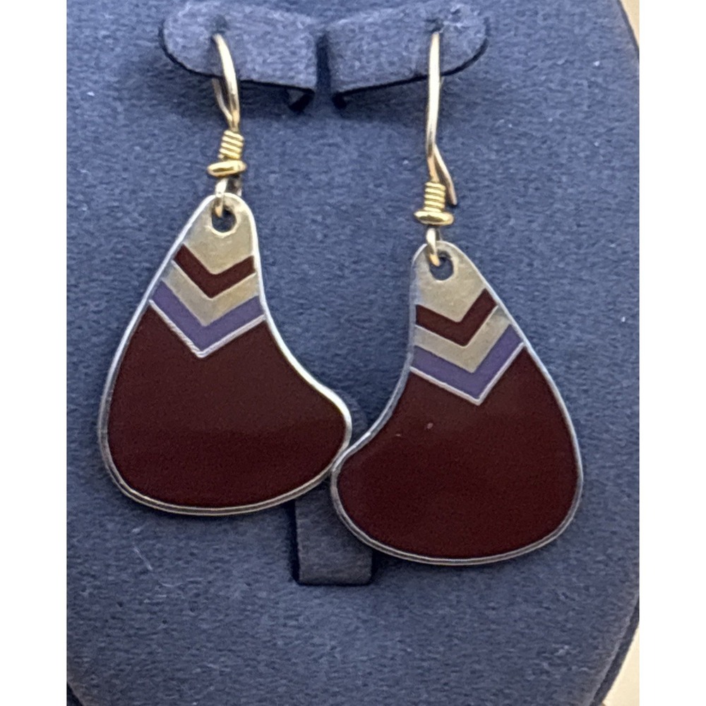 Vintage Teardrop Enamel Earrings Laurel Burch Brown And Purple Enamel Chevron